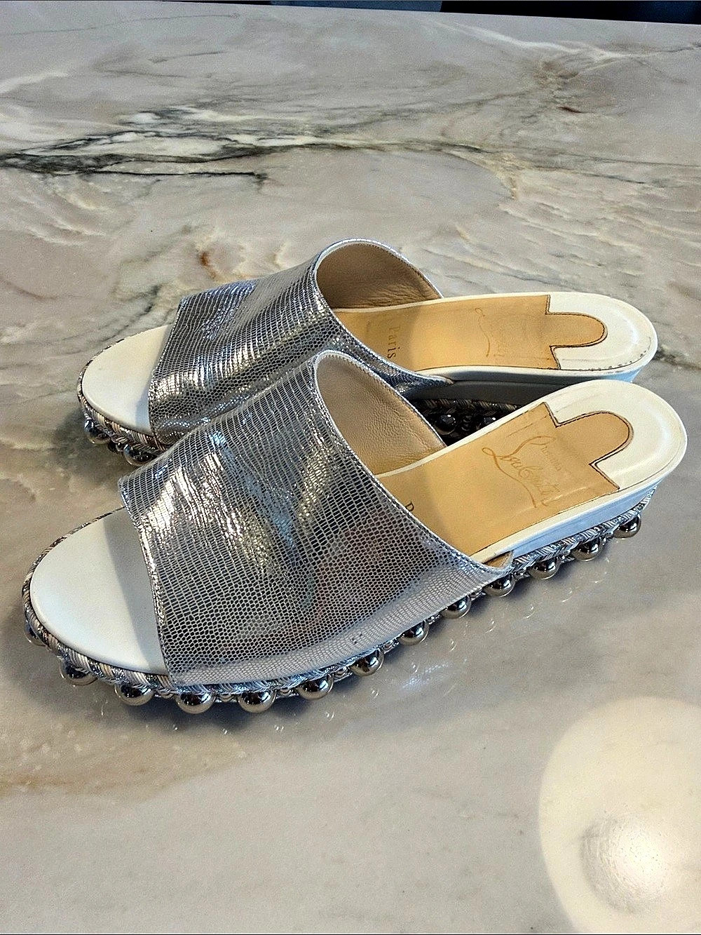 Christian Louboutin Embellished Silver Mules EU 38